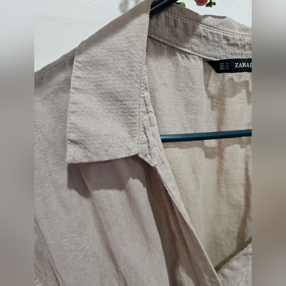 ZARA BASIC LINEN DRESS MINI NUDE BEIGE BUTTONED SHIRT DRESS WITH BELT - Picture 2 of 7